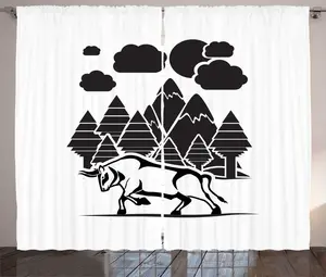 Штора ABAKUHAUS Buffalo Rustic, монохромное изображение дикого бизона, присборенная тесьма для спальни с петлями и крючками, 280 x 225 см, цвет: антрацитовый серый и белый Abakuhaus