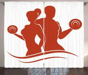 Штора ABAKUHAUS Fitness Rustic с мускулистыми мужчиной и женщиной, универсальная ленточная штора для гостиной с петлями и крючками, 280 x 245 см, цвет: оранжевый, белый Abakuhaus