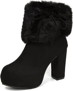 Женские зимние ботинки FAIRSOMA с высокой каблуком, подкладкой из искусственного меха, замшевые, с боковой молнией, теплые уличные короткие ботинки на низком каблуке с закругленным носком, противоскользящие, для торжеств и повседневной носки, Black