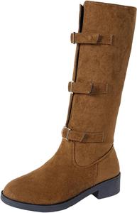 Женские высокие ботинки до колена, повседневная мода, однотонные, с массивным низким каблуком, сапоги для верховой езды с ремешком и пряжкой, зимние длинные ботильоны Generic, Brown