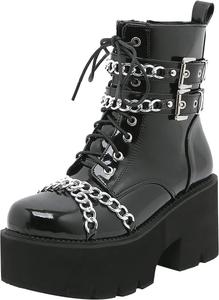 Женские ботинки TNXZ на платформе осень-зима, блестящие кожаные ботинки с цепочкой, круглый носок, шнуровка, черные ботинки на платформе, мотоциклетные ботинки, боевые ботильоны на каблуке 8 см