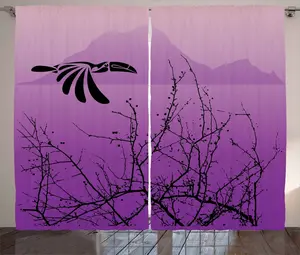 Штора ABAKUHAUS Перья в деревенском стиле, силуэт птицы-носорога, универсальная ленточная штора для гостиной с петлями и крючками, 280 x 175 см, цвет: черный, фиолетовый Abakuhaus