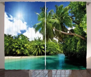 Штора ABAKUHAUS Jungle Rustic, пальмы с озера Маэ, присборенная штора из тесьмы для спальни с петлями и крючками, 280 x 175 см, цвет: зеленый, белый, аквамарин