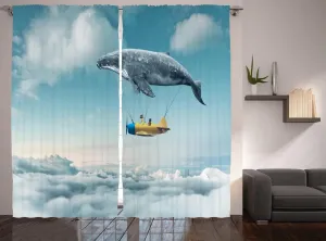Штора ABAKUHAUS "Рыба в деревенском стиле", "Dreamy View Whale Clouds", для спальни, присборенная тесьма с петлями и крючками, 280 x 245 см, бледно-голубой, желтый, белый Abakuhaus
