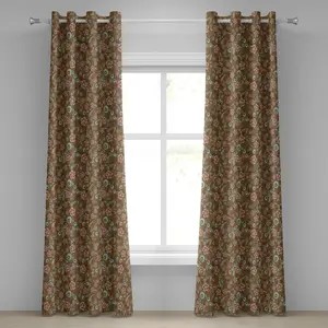 Коричнево-синяя штора на люверсах ABAKUHAUS с цветочным узором, завитками, кругами и абстрактными листьями, ретро, декоративная двухпанельная штора, 280 см x 225 см, светло-голубой, карамельный, кораллово-красный