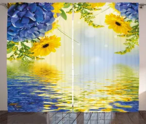 Желто-голубая штора в деревенском стиле ABAKUHAUS, романтический букет, универсальные ленточные шторы для гостиной с петлями и крючками, 280 x 245 см, цвет: фиолетово-голубой, земляно-желтый Abakuhaus