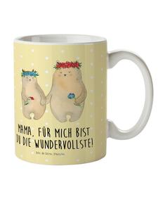 Детская кружка с изображением медведя и цветочного венка с надписью в пастельно-желтых тонах Mr. & Mrs. Panda