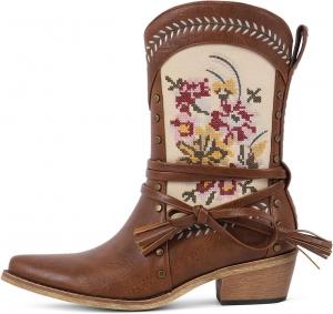 Женские вышитые вестерн-казачьи ботильоны Sexytag с цветочной строчкой, заклепками, винтажные ковбойские ботинки с кисточкой на ремешке, низкий каблук, короткие ботильоны для родео и фестивалей, Brown