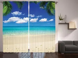 Штора ABAKUHAUS Island Rustic, тропический праздничный пейзаж, универсальные ленточные шторы для гостиной с петлями и крючками, 280 x 245 см, цвет: королевский синий, песочно-коричневый Abakuhaus