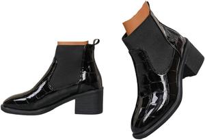 Женские блестящие кожаные ботильоны с принтом - ботильоны на низком массивном каблуке с эластичной тянущейся резинкой для широкой стопы Generic, Black