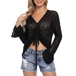 Женская блузка с длинным рукавом и вырезом v-образной формы Clearflower, Black