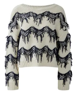 Хлопковый свитер с бахромой Oui, белый