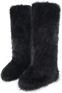 Женские ботинки из искусственного меха, пушистые зимние сапоги, мягкие зимние туфли, плюшевые средне-высокие ботинки на плоской подошве Fur Story, Black(Long Boots)