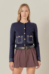 Женский кардиган с декоративной строчкой и пышными рукавами English Factory, Navy/white