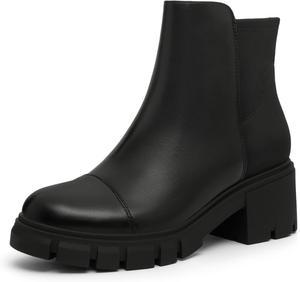 Женские ботильоны Athlefit с платформой, рифленой подошвой и массивным каблуком Челси с боковой молнией, Black Pu