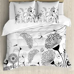 Пододеяльник ABAKUHAUS черно-белый, с цветочным рисунком и пчелами, устойчив к клещам, подходит для аллергиков, с наволочками, 155 см x 220 см - 80 x 80 см, черно-белый Abakuhaus