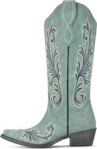 Женские ковбойские сапоги Richealnana с вышивкой и массивным каблуком, Green B