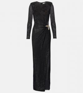 Расшитый стразами сетчатый макси-платье Self-Portrait, Black
