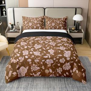 Erosebridal Хлопковый комплект постельного белья в ретро стиле с цветочным принтом, экзотические коричневые бутоны и ветви, Brown