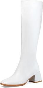 Сапоги до колена для женщин в стиле 70-х с толстым каблуком, квадратным носком, высоким голенищем, боковой молнией и каблуком-кирпичиком, праздничные сапоги Abbleet, White/Pu