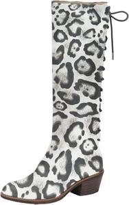 Женские ретро ботинки FSJ выше колена с боевой подошвой, каблук-блок, носок миндальной формы, шнуровка, молния, для вечеринок, зимние, размер обуви 4-15 US, White Leopard