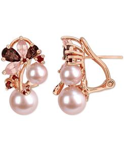Серьги-композиции Омега с цветным культивированным пресноводным жемчугом (6 и 8 мм) и множеством драгоценных камней (общий вес 2,5/8 карата) в оправе из стерлингового серебра с покрытием из 18-каратного розового золота Macy's, Pink