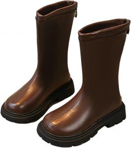 Детские зимние сапоги для девочек, полусапожки до середины икры, с верхом из искусственной кожи, задняя молния, подошва с протектором, модная обувь для маленьких и больших детей Generic, Brown