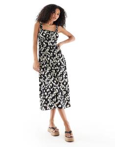 Платье миди New Look с цветочным принтом и бретелями, черное