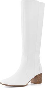 Женские высокие сапоги Shoe'N Tale до колена с квадратным носком, средней широкой массивной подошвой и боковой молнией, White Pu