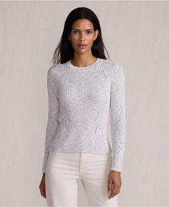 Женский свитер из смесовой хлопковой ткани с меланжевым ребристым вырезом и круглым вырезом Lands' End, Sunset sorbet space dye