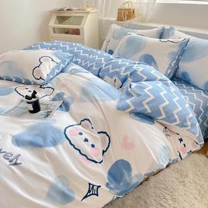 Yalu Комплект постельного белья из 4 предметов (простыня 180 см, пододеяльник 180х220 см), цвет Blue Heart Bear, из чистого хлопка