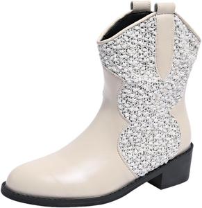 Блестящие ботильоны на щиколотку для женщин с ретро-западным стилем, ковбойские сапоги с пайетками, средний каблук, кожаные ботинки на пуговицах Kldyj, White