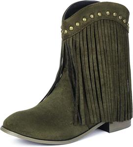 Ковбойские сапоги DINTAHA с кисточками, женские ковбойские сапоги из искусственной замши, низкий каблук, сапоги в западном стиле на пуговицах, Green