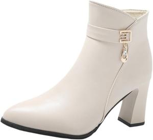 Женские короткие ботильоны с зауженным носком и массивным каблуком - подходят для осенне-зимних образов или для офиса HoaloX, Beige