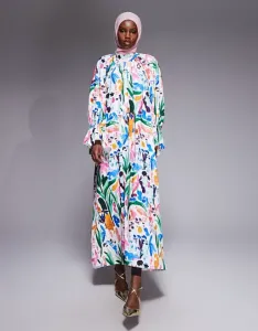 Платье макси с высоким воротником и манжетами на рукавах iyal с цветочным принтом