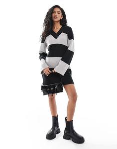 Мини-платье-джемпер с v-образным вырезом в серую и черную полоску Threadbare