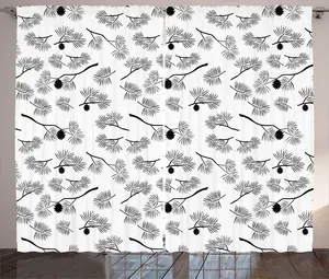 Штора ABAKUHAUS Шишка в деревенском стиле, однотонные сосновые листья, универсальные ленточные шторы для гостиной с петлями и крючками, 280 x 225 см, белый и черный Abakuhaus