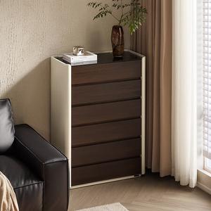 Quanu Комод для гостиной и спальни из массива дерева, 6 ящиков, цвет слоновая кость-серый + древесный узор