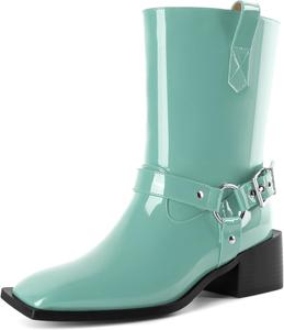 Женские ботинки Joseywade на низком каблуке 2 дюйма с молнией и металлическими пряжками, байкерские, до середины икры, размеры США 6-12, Patent Mint Green