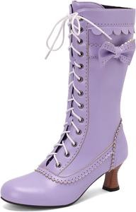 Женские зимние готические викторианские ботинки с низким каблуком на шнуровке, средние по голенищу с бантом, ботинки ведьмы HONGDAO, Purple