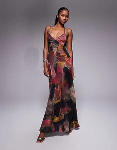 Платье макси из сетчатого материала ASOS DESIGN с декоративными швами и размытым цветочным принтом