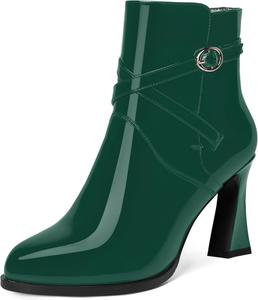 Женские ботильоны WAYDERNS с регулируемым ремешком и пряжкой, лакированные, повседневные, с круглым носком, на высоком блочном каблуке 3,3 дюйма, Dark Green