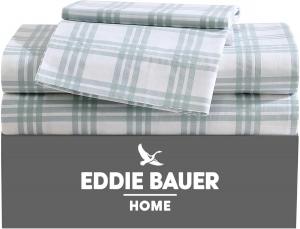 Комплект постельного белья Eddie Bauer - Простыни размера Queen, из хлопкового перкаля, для дома в свежем и прохладном стиле (светло-зеленая клетка, размер Queen), Light Green Plaid