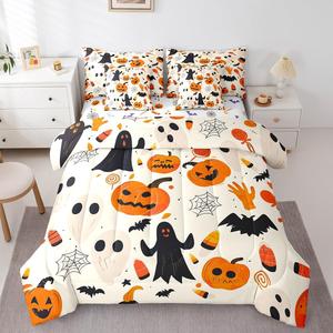 Erosebridal Комплект постельного белья Halloween с готическими привидениями и тыквами из мягкого хлопка, Black White