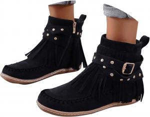 Generic Женские ботильоны с бахромой, широкая полнота, круглый носок, низкий каблук, черная замша, осень-зима, теплые, винтажные, удобные, модные, вестерн, короткие ботинки, на молнии с кисточкой, ретро, средней высоты голенища, повседневные, на платье