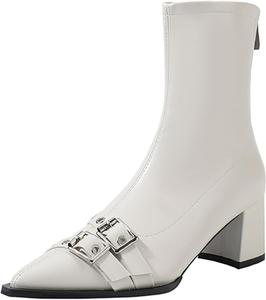 Женские кожаные ботильоны с эластичной вставкой, заостренным носком, устойчивым каблуком, на щиколотке, с регулируемой пряжкой, модной задней молнией, массивным каблуком, для повседневной носки, вечеринок и под платье HDFDB, White