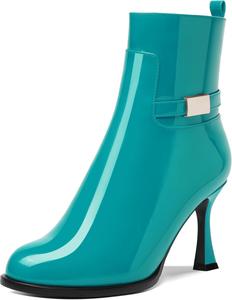 Женские ботильоны на молнии с круглым носком, лаковые, для улицы, с высокими каблуками 3,3 дюйма DEMOSHINE, Lake Blue