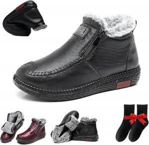 Женские водонепроницаемые нескользящие хлопковые кожаные сапоги, новые утепленные флисом теплые зимние сапоги, широкие водонепроницаемые кожаные нескользящие сапоги, мама-хлопковые кожаные туфли с молнией GHTRHSB, Black