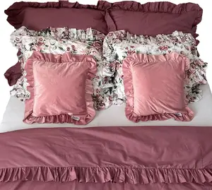 Комплект постельного белья из хлопка с оборками, пододеяльник 220x200 см + 6 наволочек, ретро-цветочный светло-розовый EDANTI