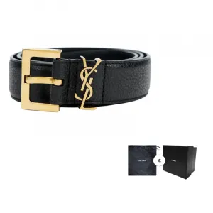 SAINT LAURENT Ремень Cassandre с квадратной пряжкой из зернёной кожи, Black